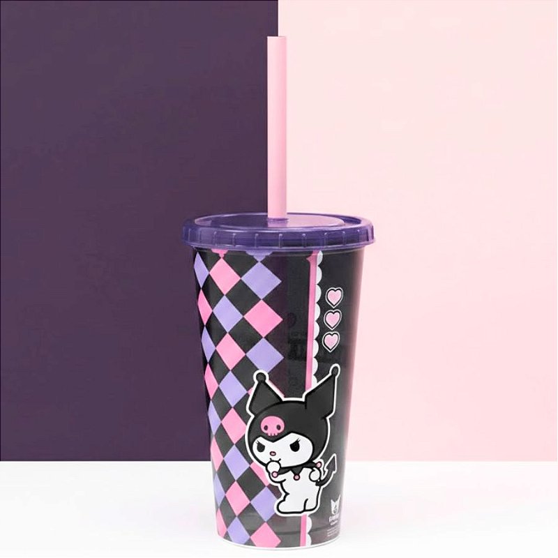 Copo de Plástico com Tampa e Canudo - Kuromi - Hello Kitty - 500ml