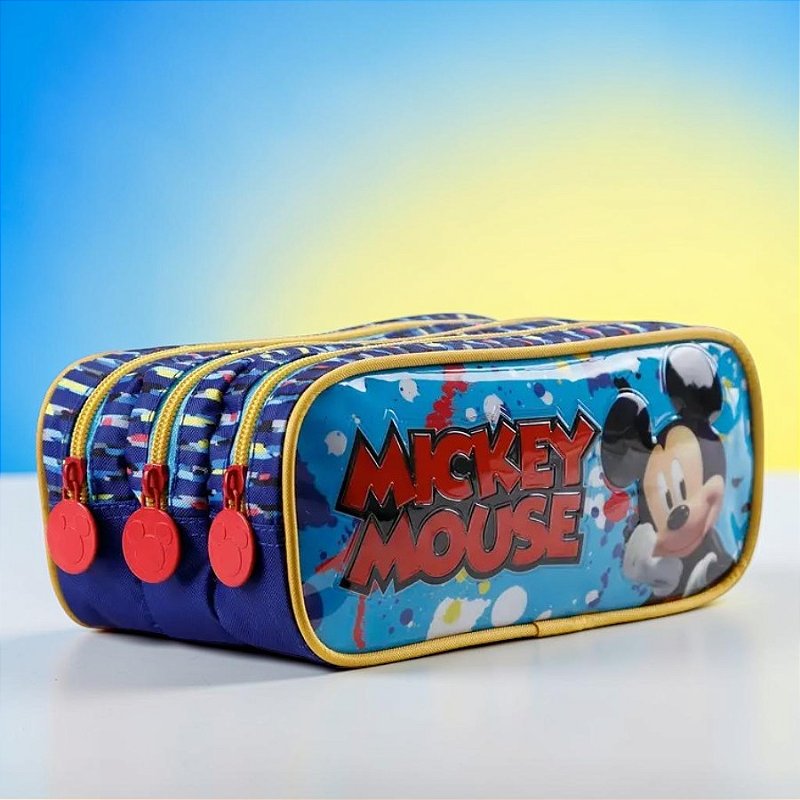 Estojo Triplo com Zíper - Mickey Mouse - Azul - 20x10cm - Disney