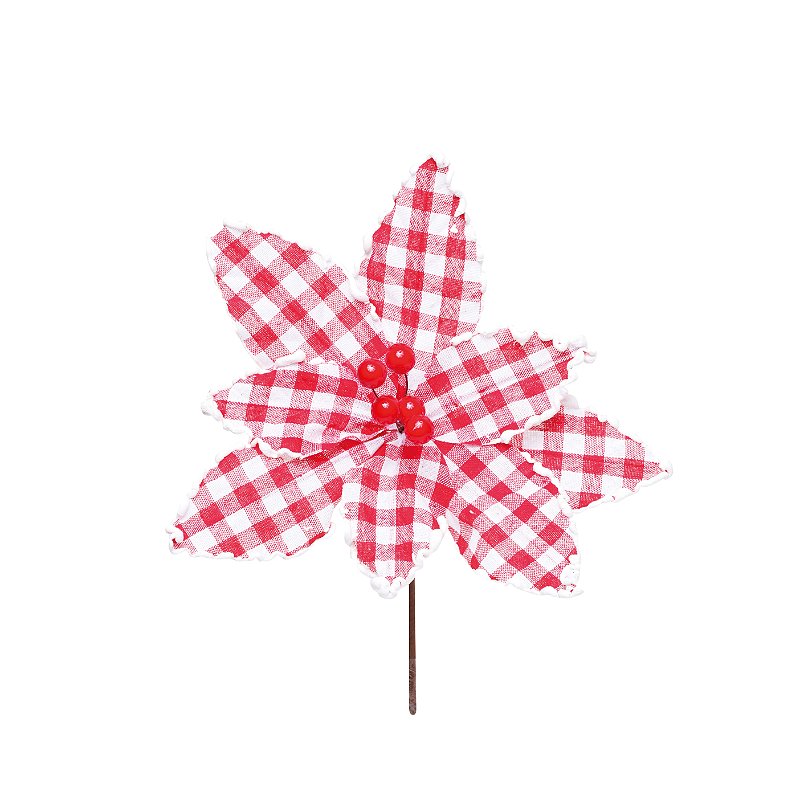 Flor de Natal Poinsettia Xadrez Vermelho/Branco Cabo Curto - 01 unidade -  Cromus Natal - Rizzo Embalagens - Rizzo Embalagens