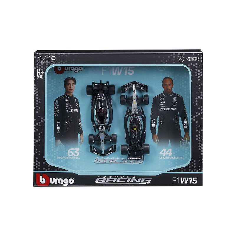 1/43 F-1 2024 MERCEDES AMG W15 PACK COM 2 CARROS / PILOTOS #44 HAMILTON E #63 RUSSELL