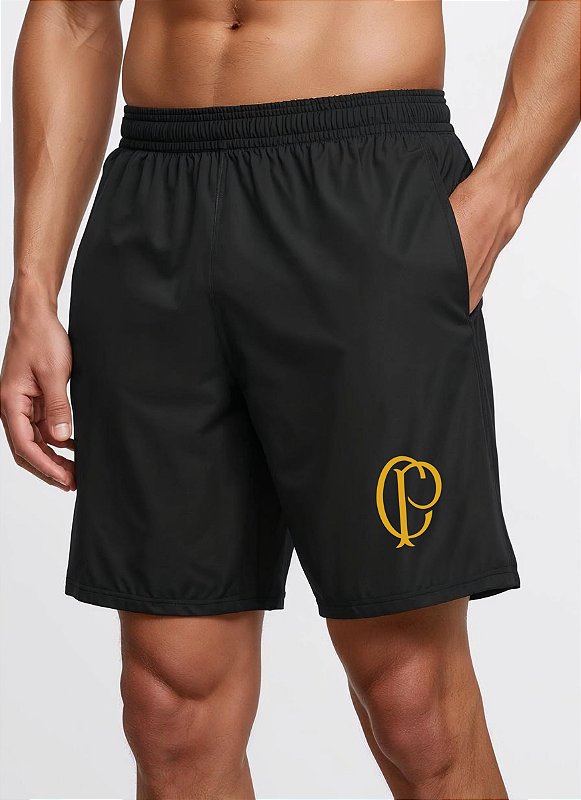 SHORT MASCULINO PRETO DRY FIT ACADEMIA COM BOLSO - CORINTHIANS
