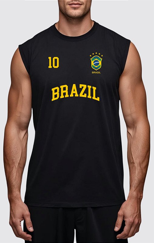 REGATA MACHÃO PRETA BRASIL HEXA ALGODÃO PREMIUM | 🚀 ENVIO RÁPIDO