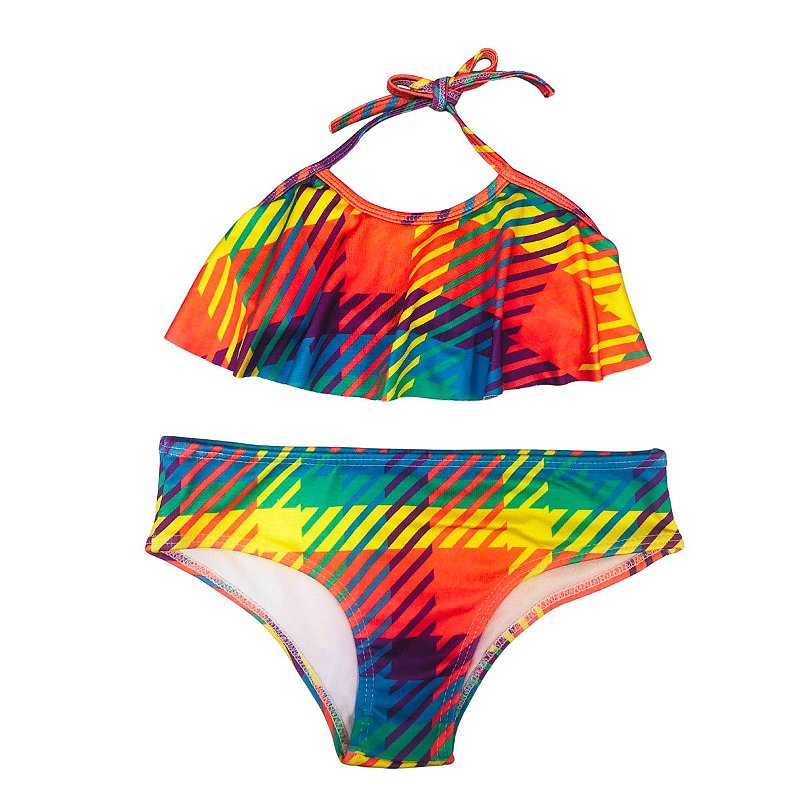 Biquini Infantil Feminino Frente Única de Amarração c/ Babado Estampado Tecido Resistente Moda Praia