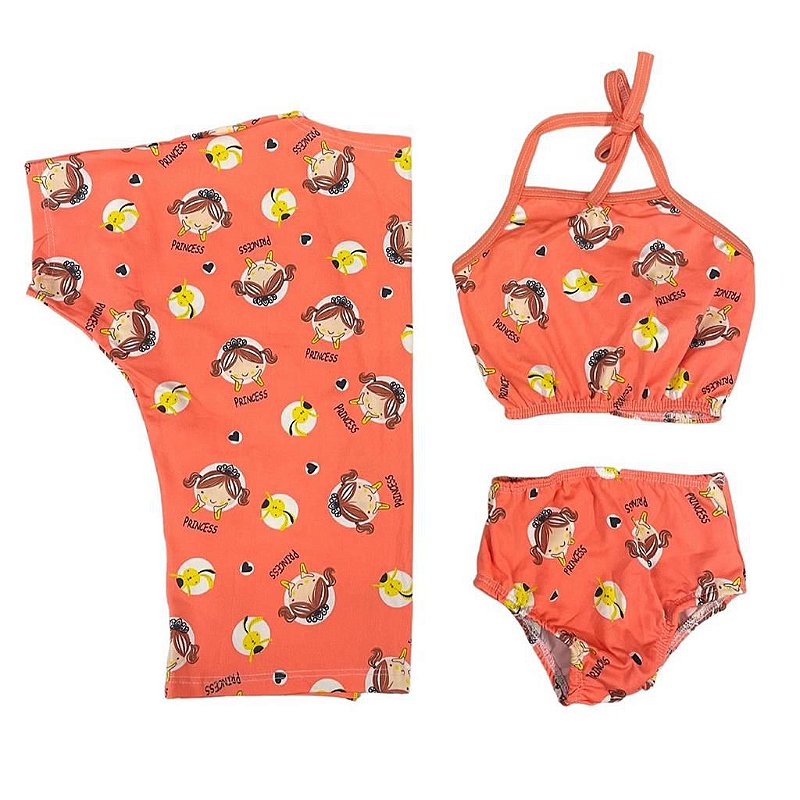 Biquíni + Kimono Infantil Princesa Laranja