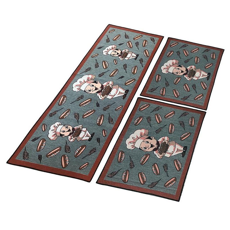 Kit Tapetes E Passadeira Antiderrapante Para Cozinha 3 Peças Estampado