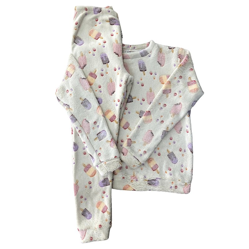 Pijama De Frio Infantil Fleece Comprido Sorvete Amarelo 2 ao 10
