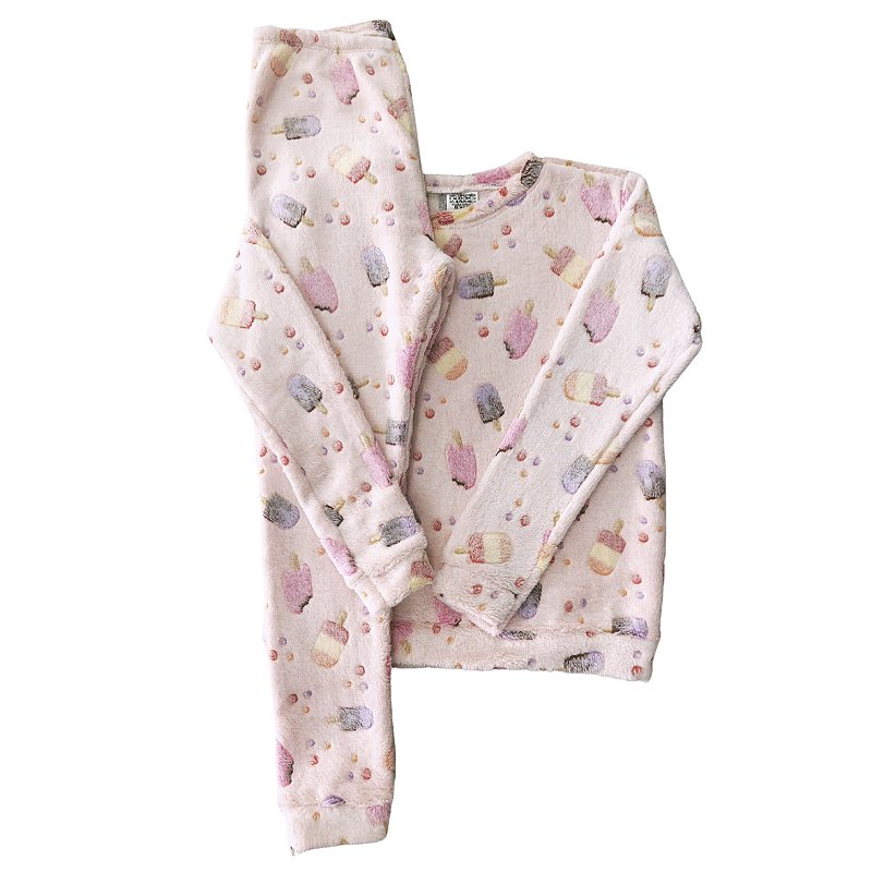 Pijama Infantil Pelucia Fleece Conjunto Sorvete Rosa 02 ao 10