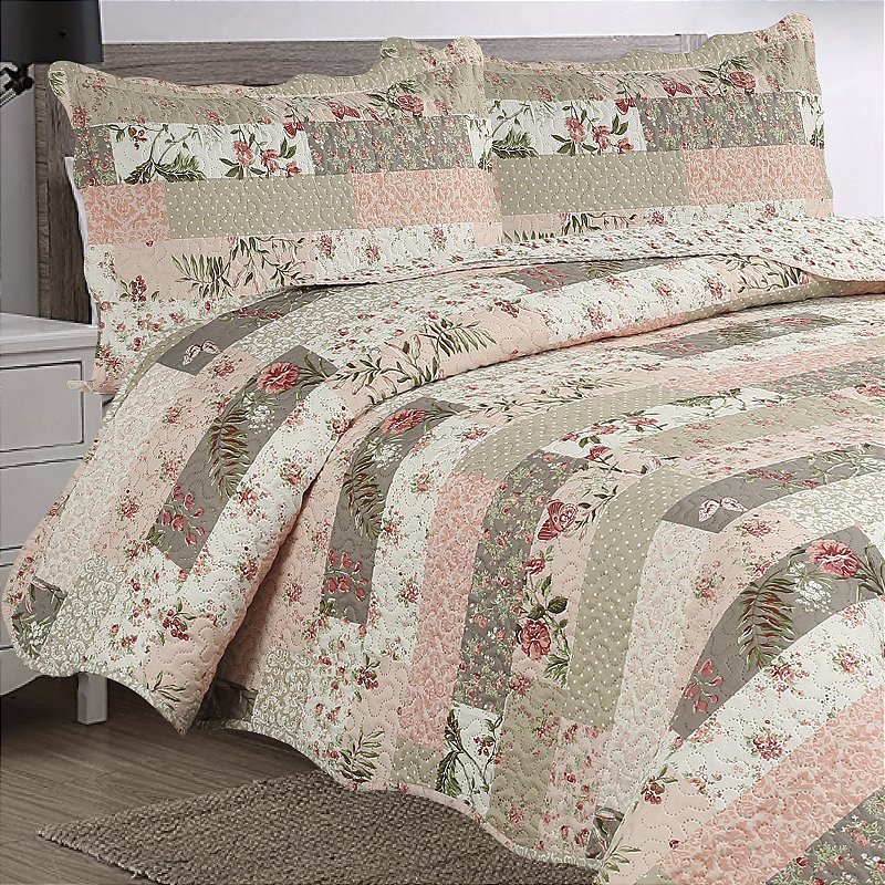Colcha Cobre Leito Dupla Face Matelado Casal Padrão 3 Peças Estampado