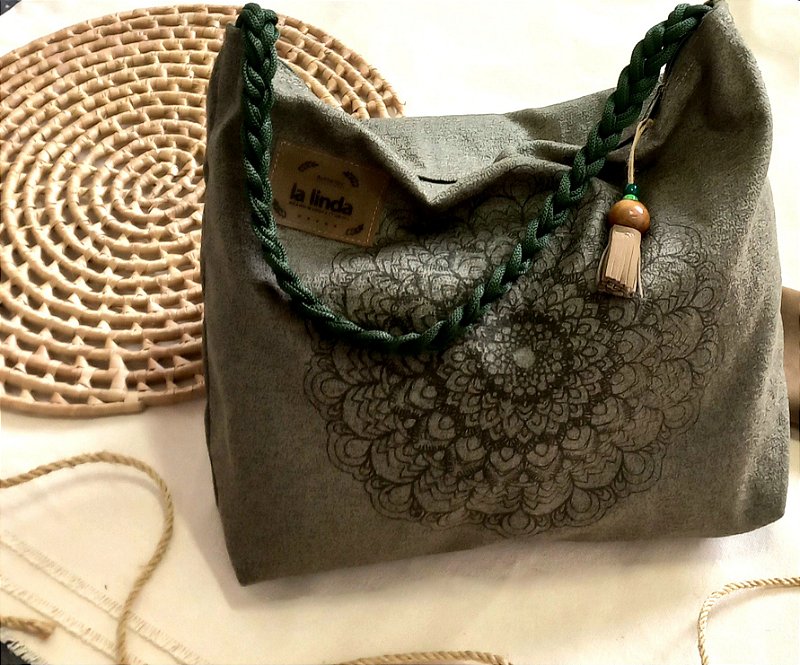 Bolsa sacola musgo Tecido Thulouse Mandala Alça trançada