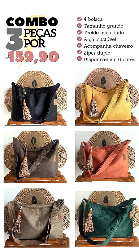 COMBO com 3 Bolsas em Tecido aveludado (ESCOLHA AS CORES PELO NOSSO WHATSAPP)