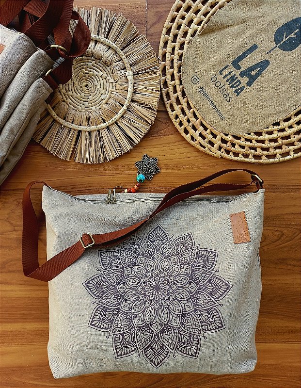 Bolsa Ombro/lateral Linho 100% (ESTAMPA MANDALA)