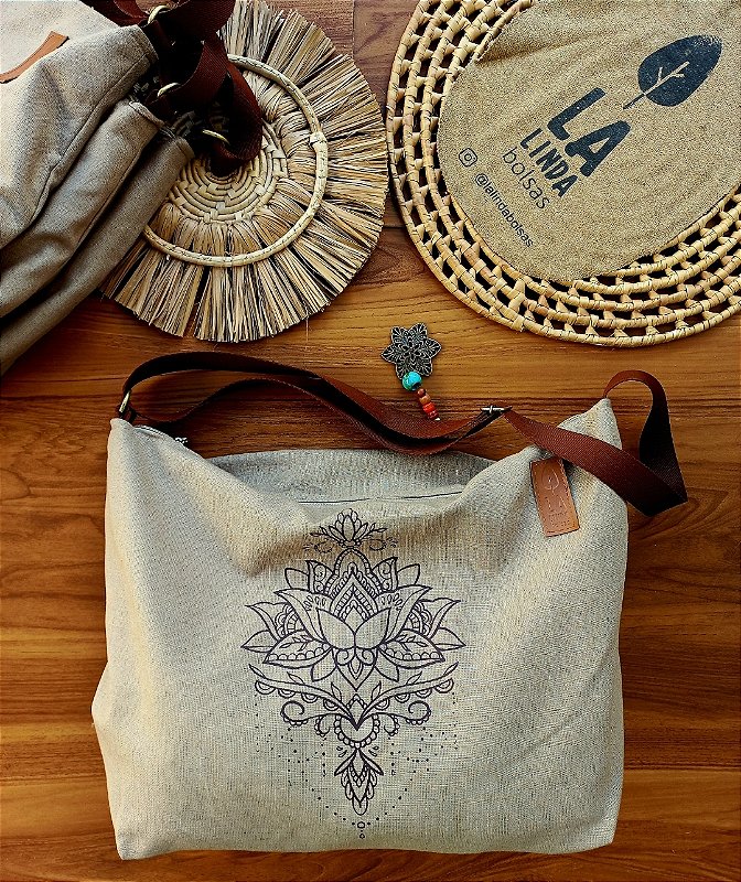 Bolsa Ombro/lateral Linho 100% (ESTAMPA LÓTUS)