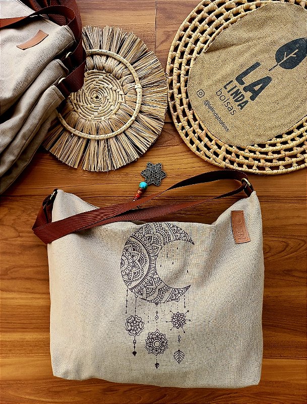 Bolsa Ombro/lateral Linho 100% (ESTAMPA LUA)
