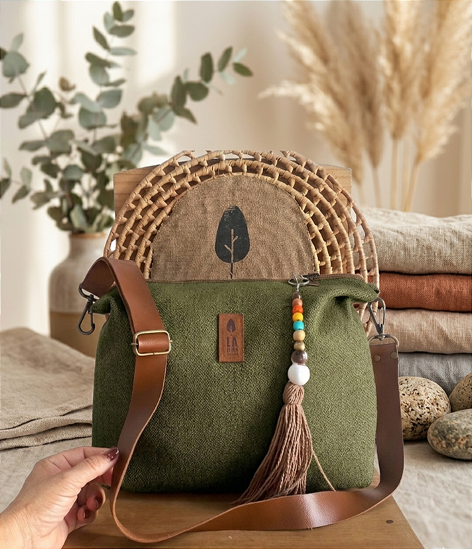Kit Bolsa Boho Vintage Verde + Necessaire+ Chaveiro