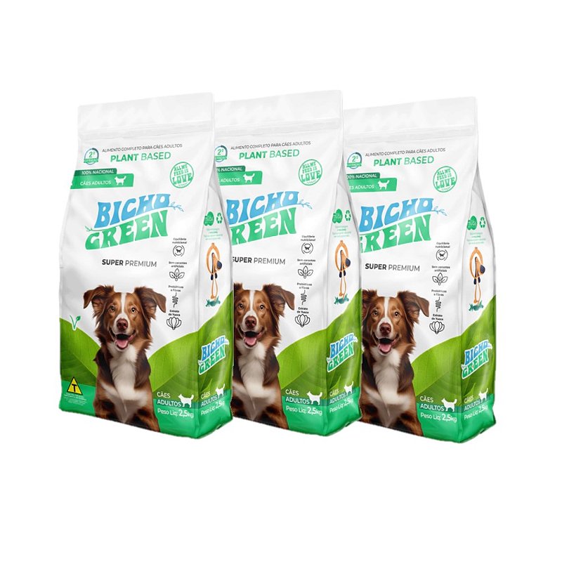 Kit com 3 Rações para Cães Natural Vegana 2,5 Kg | Bicho Green