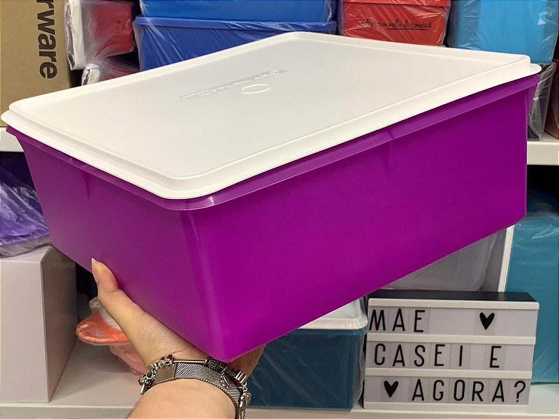 Tupperware Super Caixa 10 Litros Tampa Branca E Com A Base Roxa M e 