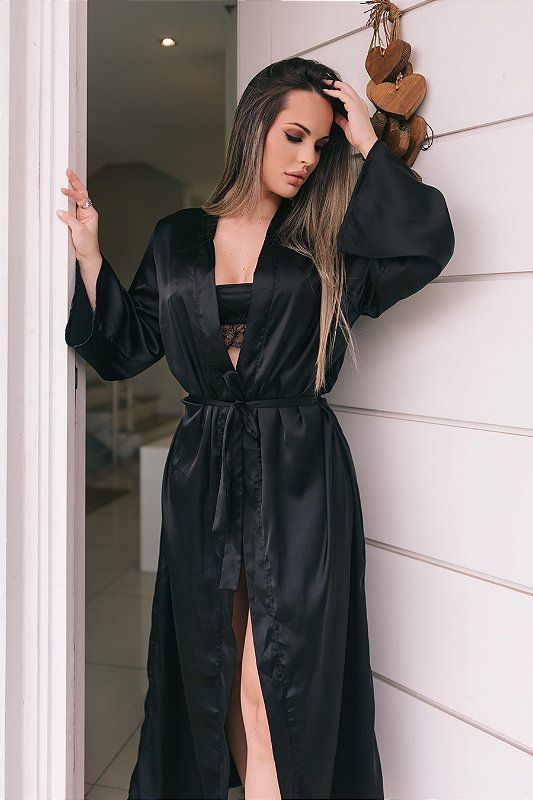 ROBE LONGO LUXO EM CETIM SOFITICADO PRETO - Ninguém Vai Saber Sex Shop