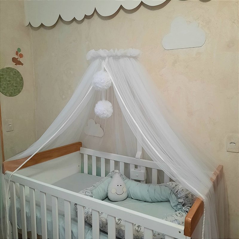 Mosquiteiro pompom com suporte para berço com grades