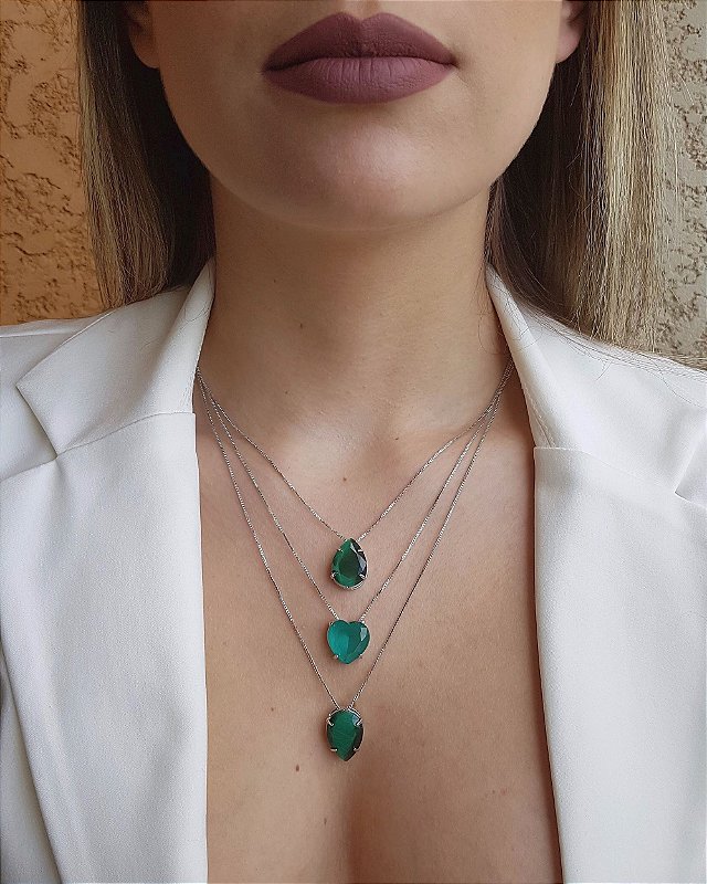 Mix de 3 Colares com Gotas Verde Acetinado e Coração Azul Leitoso ...