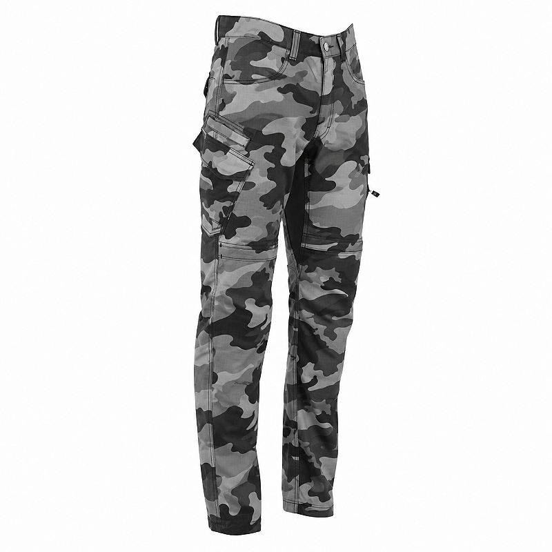 Calça Defender Camuflada Chumbo masculina, vista em três quartos