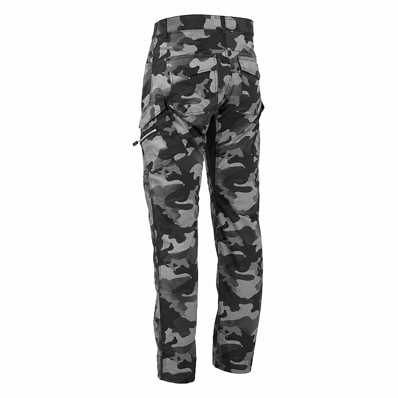 Calça Defender Camuflada Chumbo masculina, vista de costas