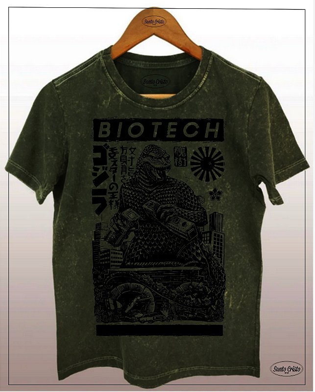 Camiseta GODZILLA BIOTECK -  Musgo - Algodão - Estonada - Camiseta Santo Cristo