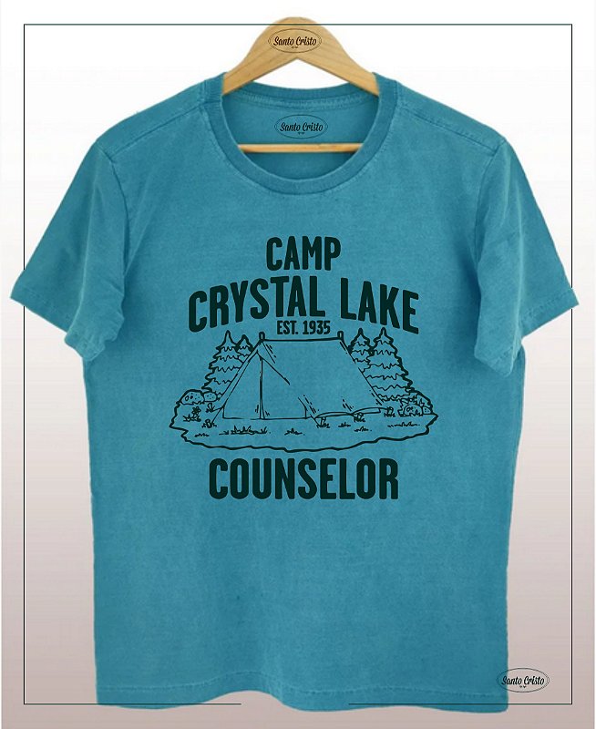 Camiseta  Crystal Lake Camp – Turquesa - Algodão - Estonada - Camiseta Santo Cristo