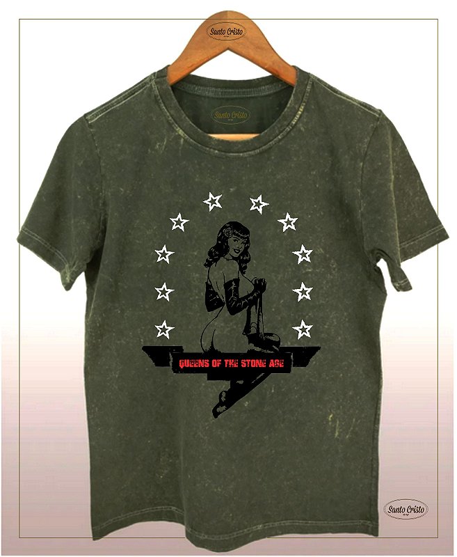 Camiseta  Queens Of The Stone Age -Woman -  Verde Musgo Escuro – Algodão - Marmorizada - Camiseta Santo Cristo