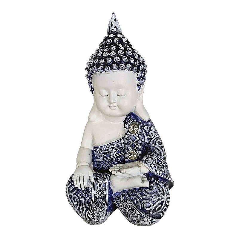 Buda decorativa azul, e branco