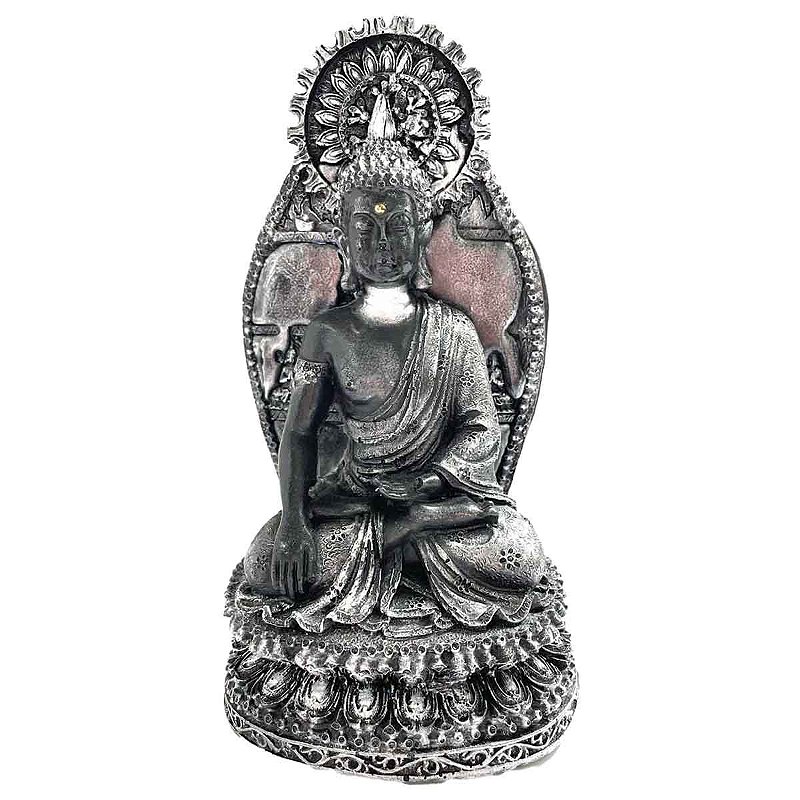 Buda sentado preto e prata
