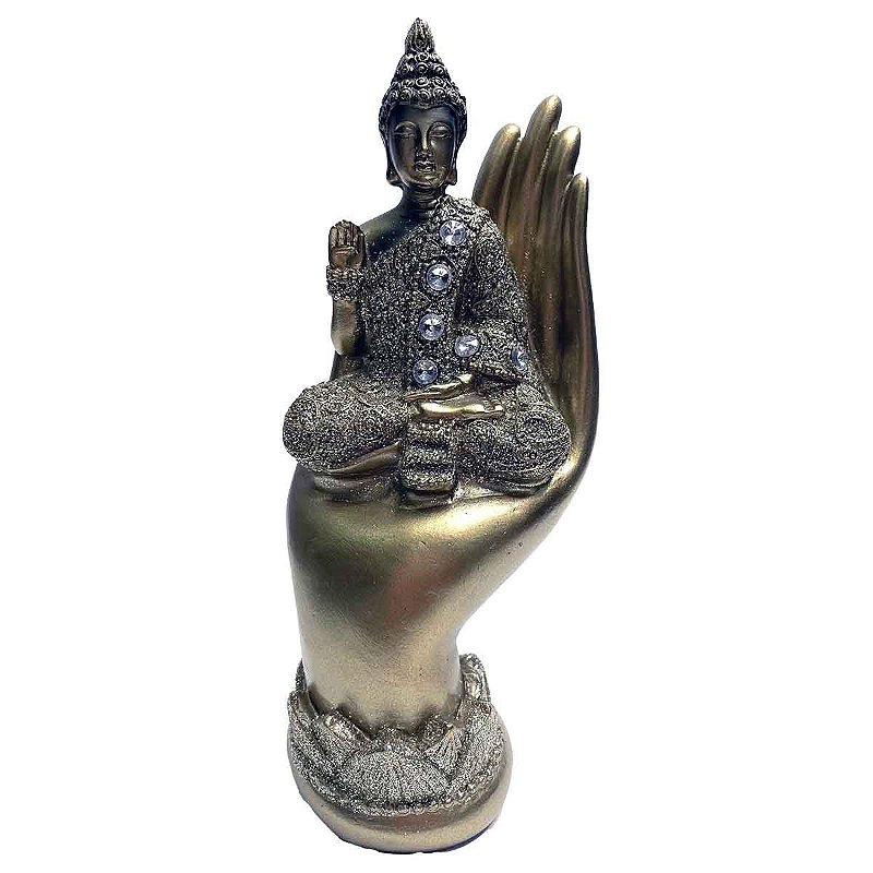 Buda sentado na mão dourado com gliter e brilho mão para cima
