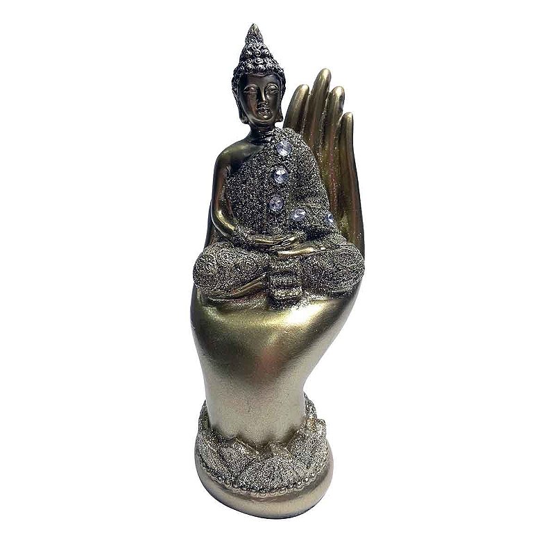 Buda sentado na mão dourado com gliter e brilho com mão nos pés