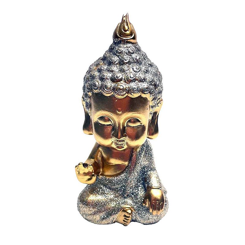 Buda dourado com roupa gliter mão pra frente