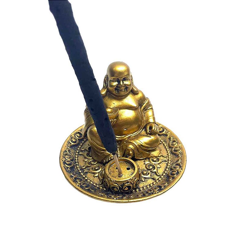 Incensario dourado Buda sentado com pote na mão