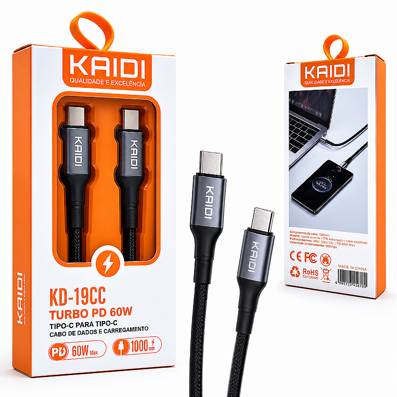 Cabo TIPO C para TIPO C de Dados Turbo PD KAIDI KD CC 1 Metro