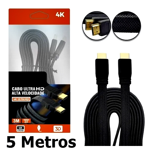 Cabo Hdmi Fita 5 Metros Nylon 2.0 Ultra Hd 4k 3d Alta Velocidade