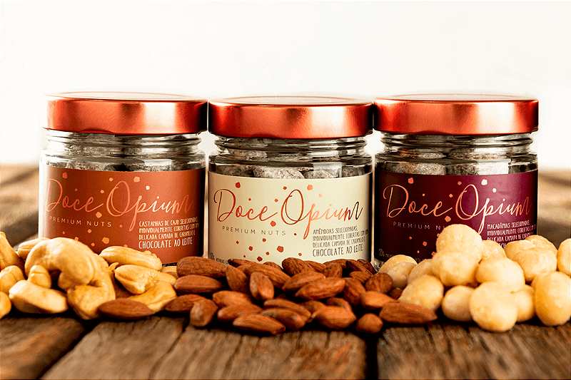 Kit 3 potes com macadâmias, amêndoas e castanhas de caju - Doce