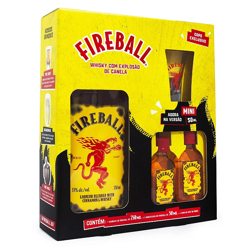 KIT Licor Fireball 750 ml + 2 Miniaturas 50 ml + Copo Shot