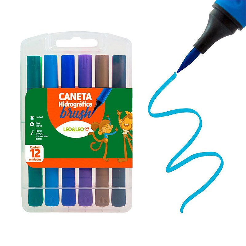 Estojo Com 12 Canetas Brush Pen Hidrográfica - Ponta Pincel