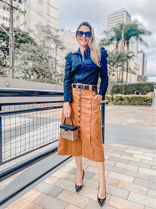 Women's Fashion Saia Midi De Botoes Saia Sarja Midi Moda