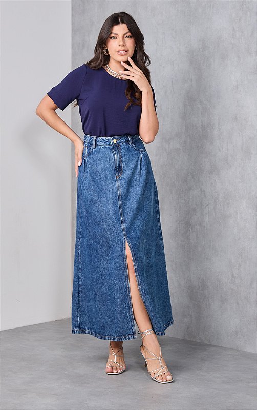 Saia Jeans Midi Moda Evangélica Roupas Evangélicas
