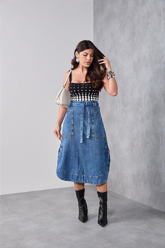 Saia Jeans Midi Moda Evangélica Roupas Evangélicas