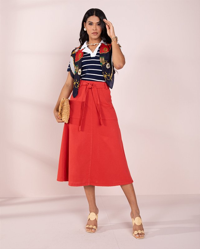 Saia Sarja Vermelha Midi Bolsos Moda Evangélica Feminina