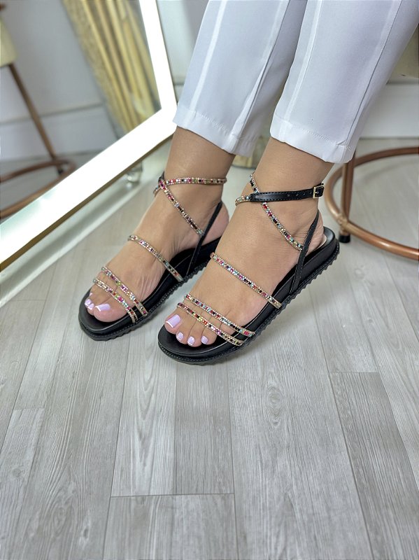 Papete Cruzada com Cordão de Strass Colorido e Palmilha em Napa Preta - Pumb SHoes
