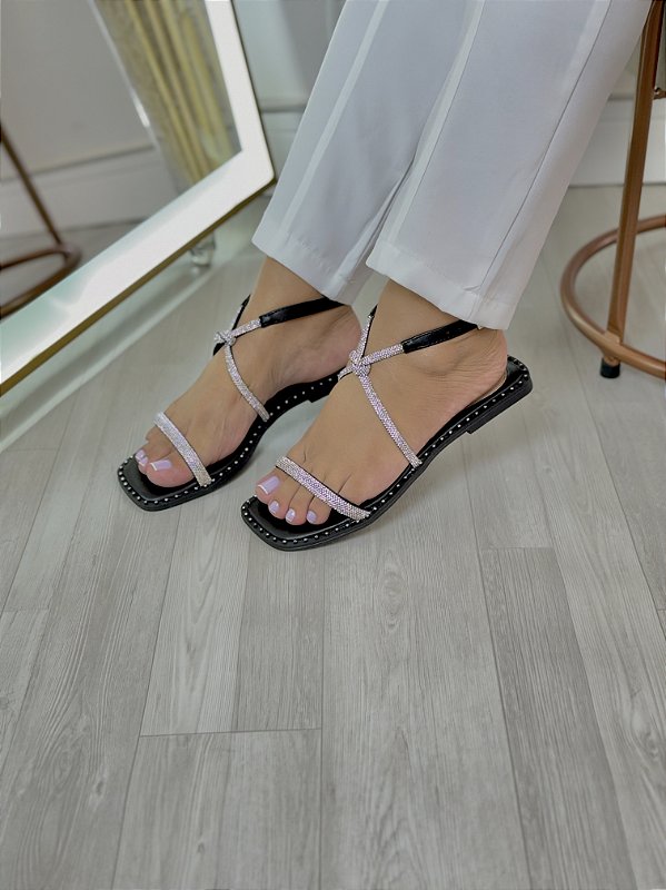 Rasteira de Cravo com Palmilha preta e Strass prata - Pumb Shoes