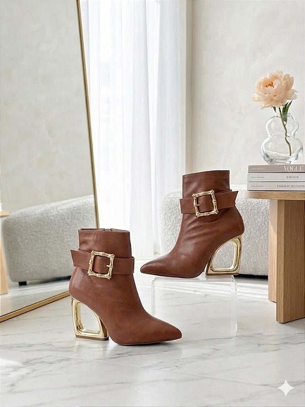 Bota Ankle Boot Luxo Salto Escultural Dourado Capuccino 74/26