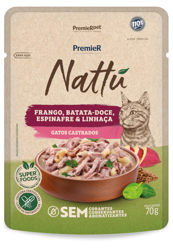 Sache Premier Nattu Gatos Castrados Frango/Batata Doce/Espinafre