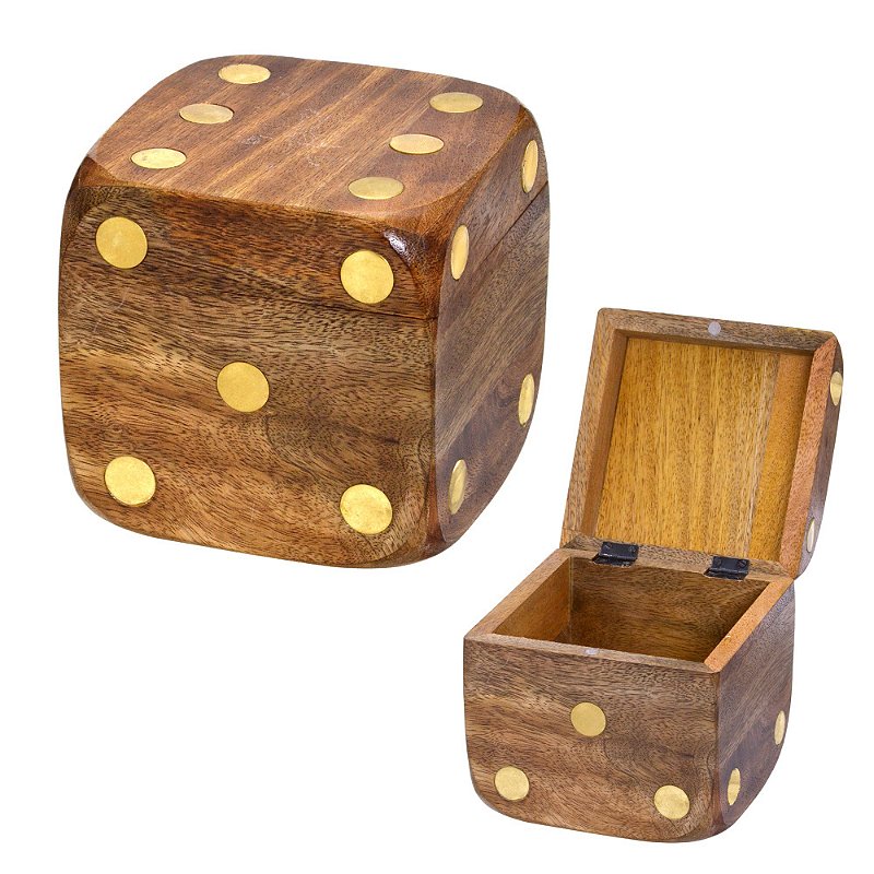 CAIXA DECORATIVA DADO EM MADEIRA DOURADO E MARROM - 15CM