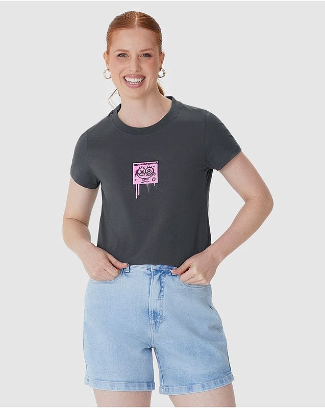 Camiseta Básica - Cinza Bob Esponja Rosa