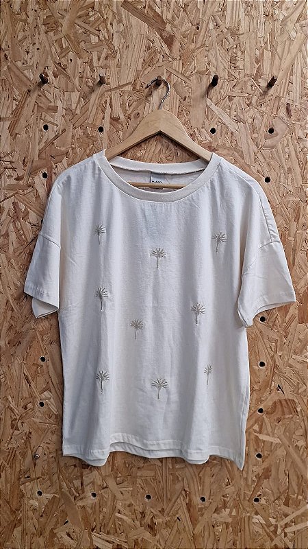 Camiseta Básico Off White Bordada Coqueiros
